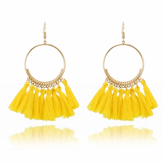 Bella Smyle Jewelry - BE20 | Boho Hoop Yellow Cotton Tassel Earrings